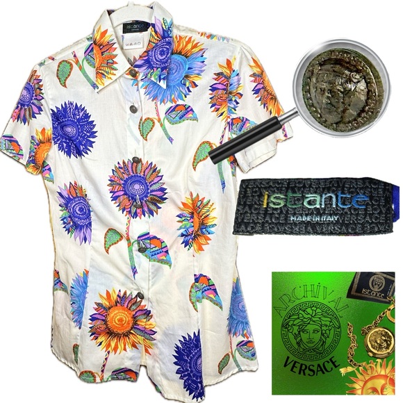 Istante By Versace Multicolored Sunflower Print Short Sleeve Button Down from - Picture 1 of 7